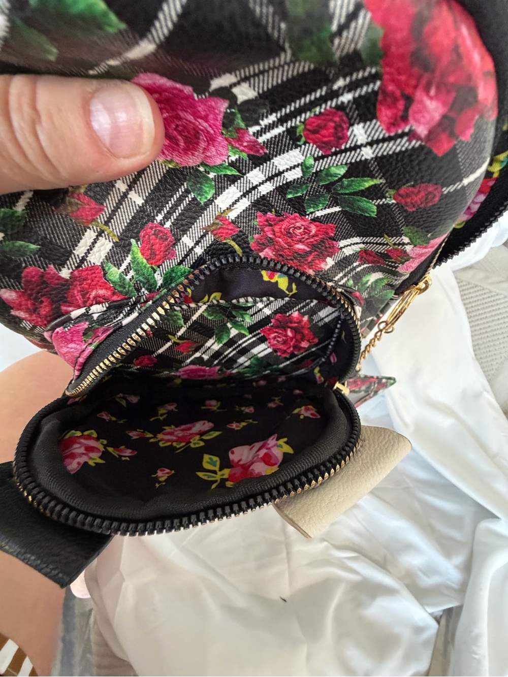 Betsey Johnson Black Plaid Floral Cat Mini Backpack - Picture 9 of 14